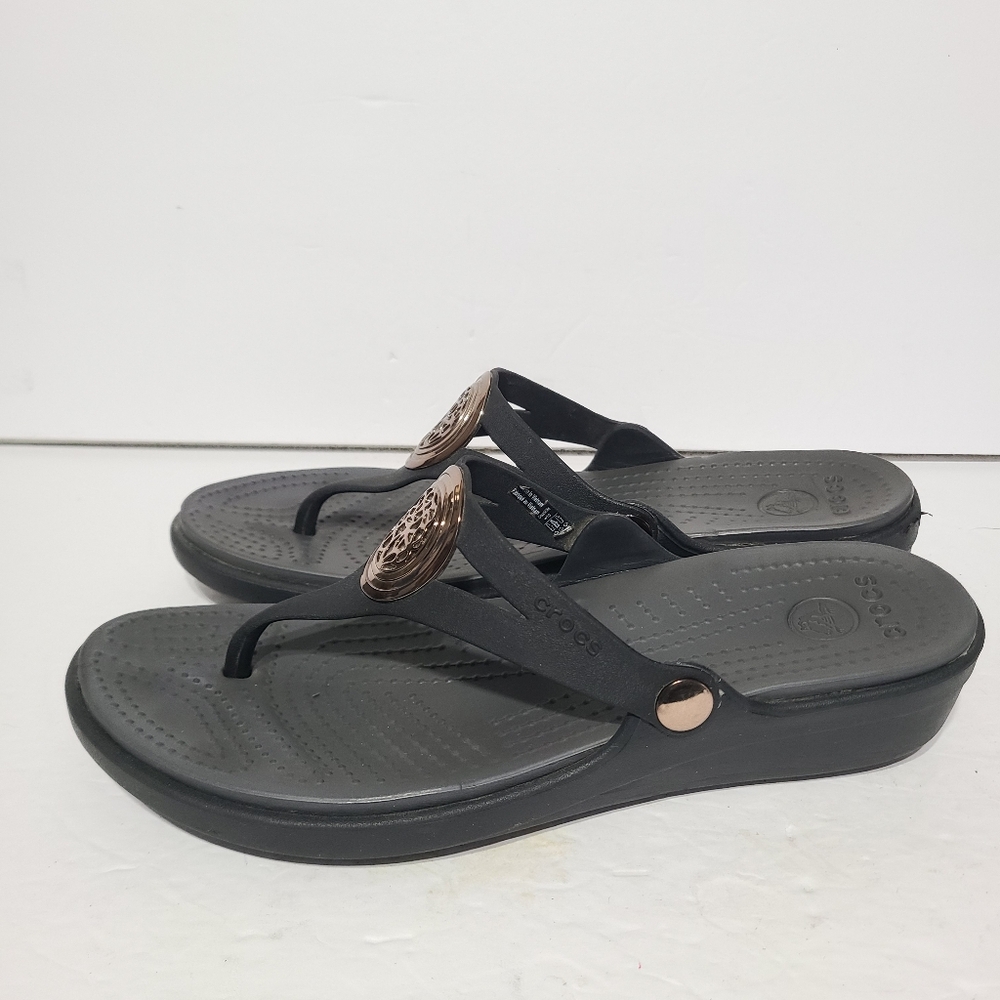 CROCS Black Sandals with Rose Gold Accents